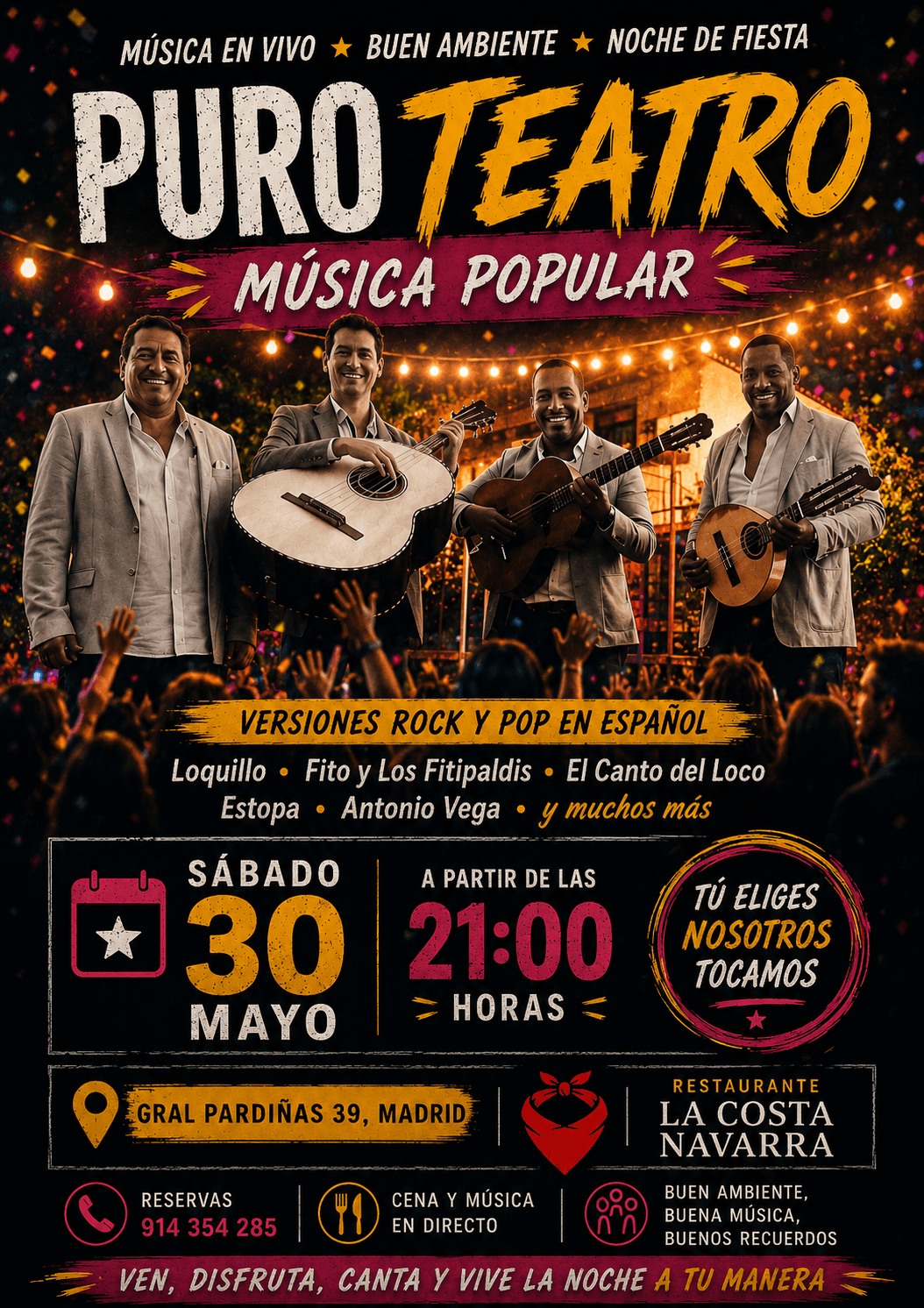 Cartel del evento musical Musica Popular con Puro Teatro en el asador La Costa Navarra, Madrid